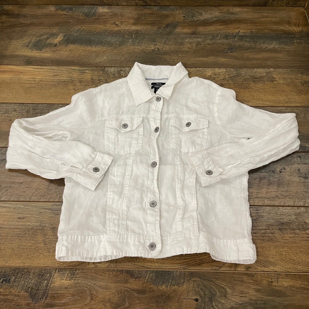 Jones & Co Jones New York White 100% Linen Trucker Jacket L Minimalist Luxury